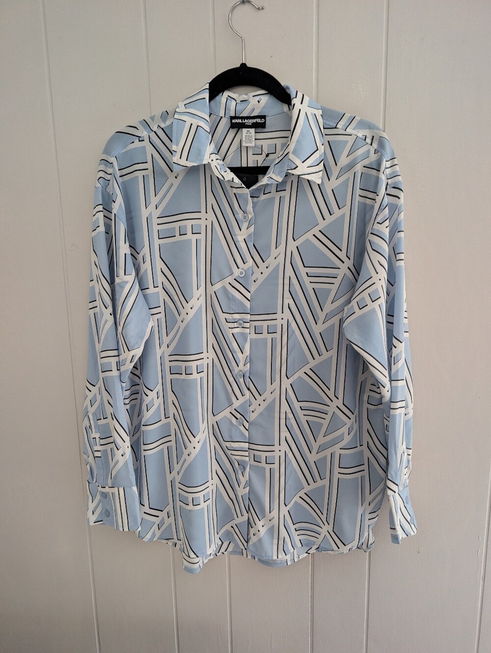 NWT Karl Lagerfeld Paris Light Blue and White Geometric Button-Down Shirt - Picture 2 of 10